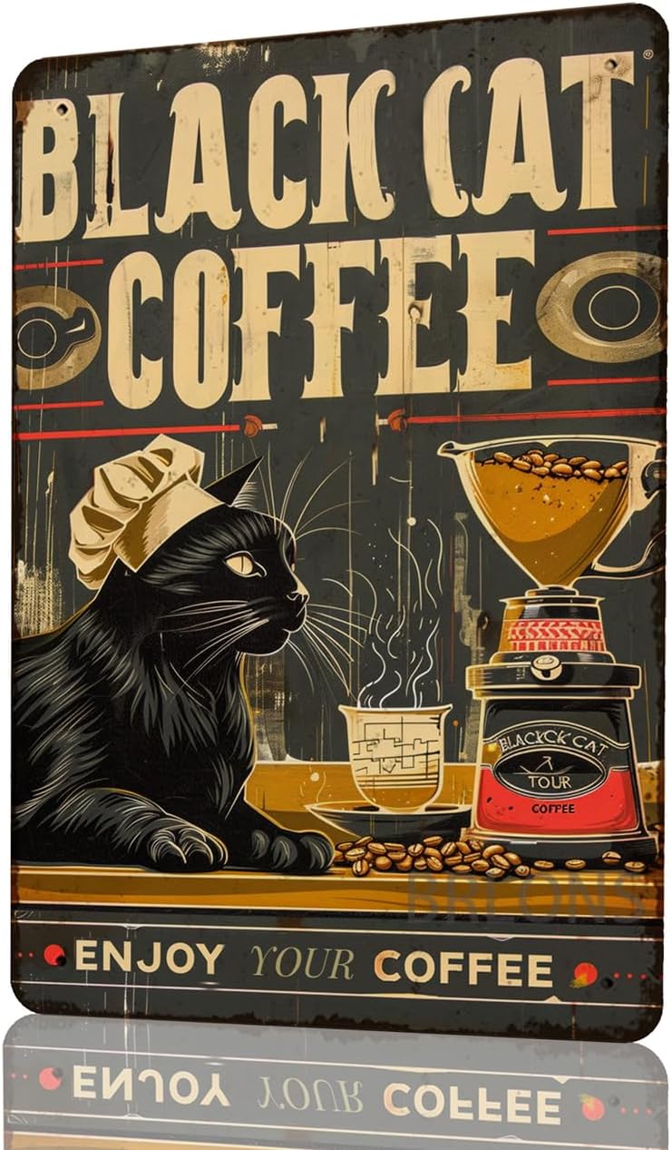 Home Bar And Coffee - Metalenen blikken bord Black Cat Coffee