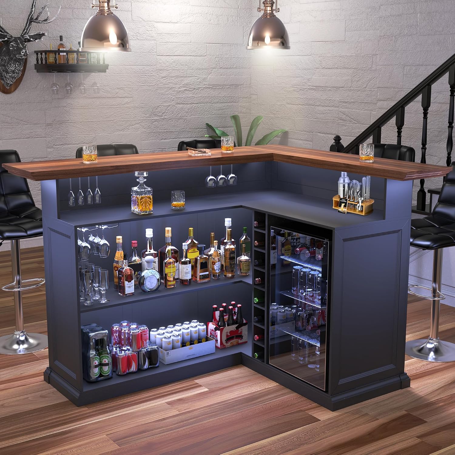 Home Bar Setup - L-vormige thuiskast met koelkastruimte, extra grote